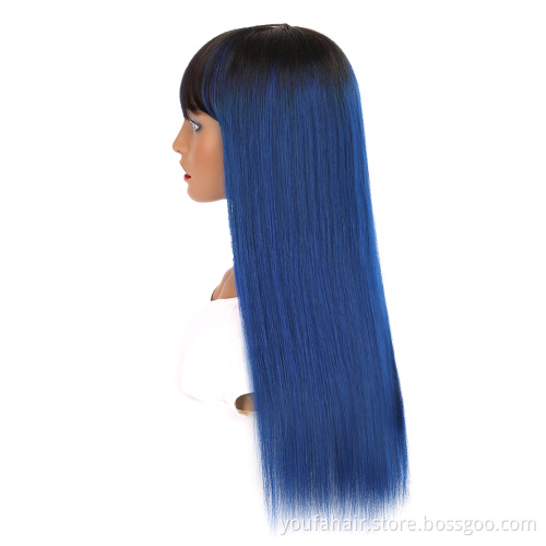 10A Peruvian Virgin Human Hair Cuticle Aligned Full Machine Made Wigs Ombre 1B Blue Color Glueless Non Lace Bangs Human Hair Wig